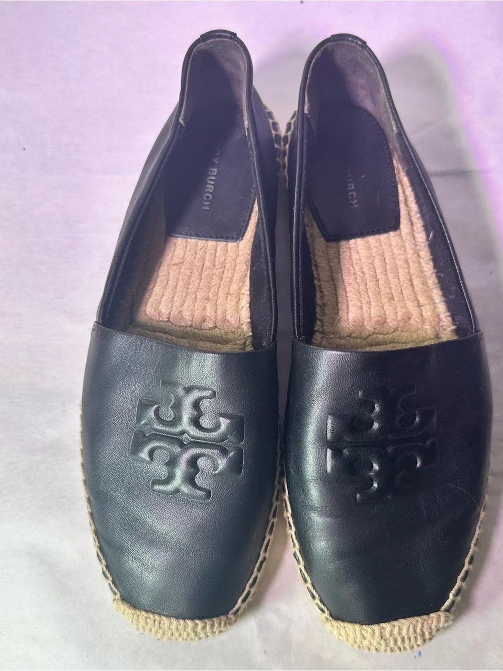 Tory Burch Black Leather Espadrille-Trim Loafer - Picture 15 of 16